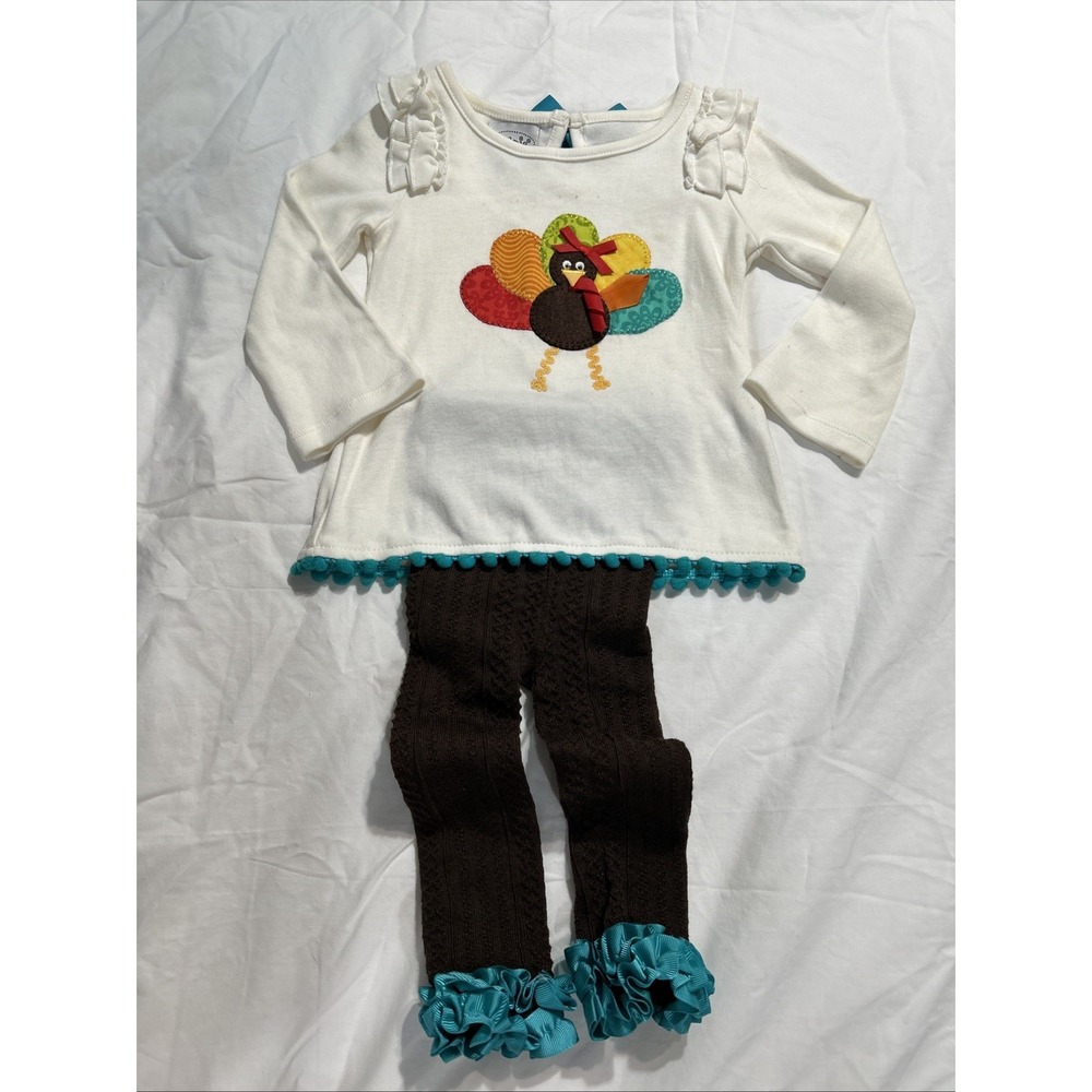 Mud Pie Girl Baby 9-12 Mo Set Shirt Leggings Ruffle Thanksgiving Turkey B144